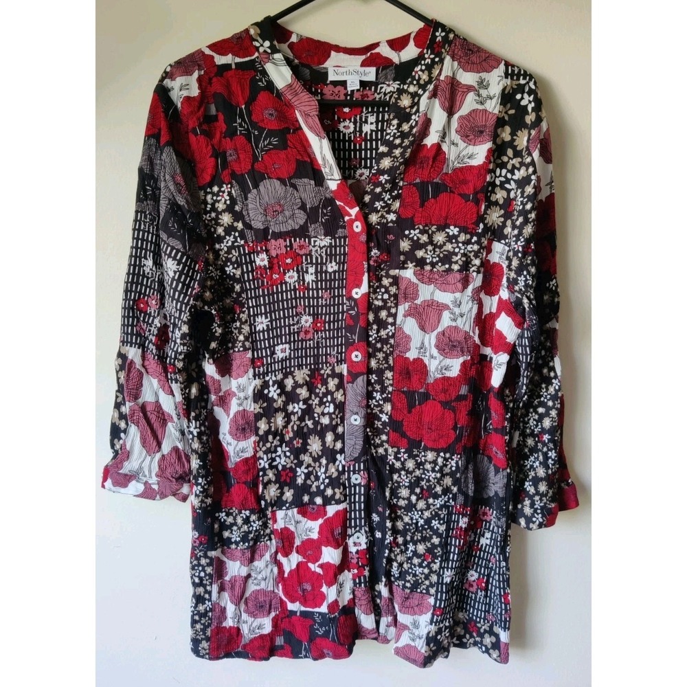 NorthStyle Women's Button Down 100% Rayon Black/Red/White‎ V-neck Size XL